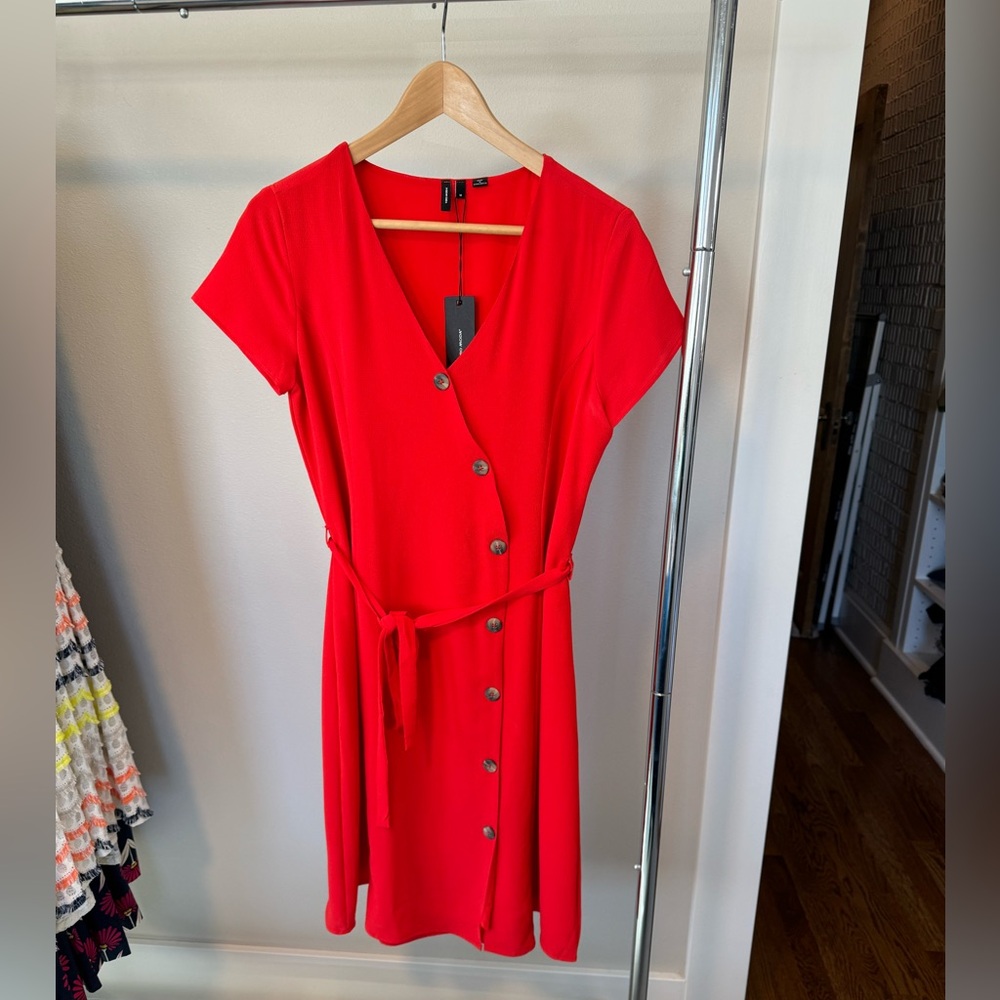 Red midi box dress with large buttons